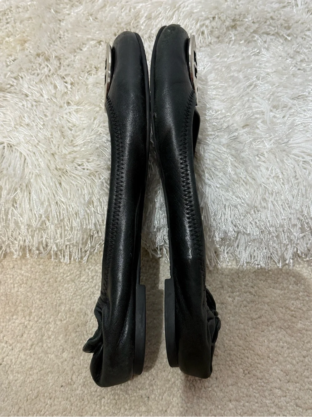 Tory Burch Reva ballet flats black leather with silver logo 9.5